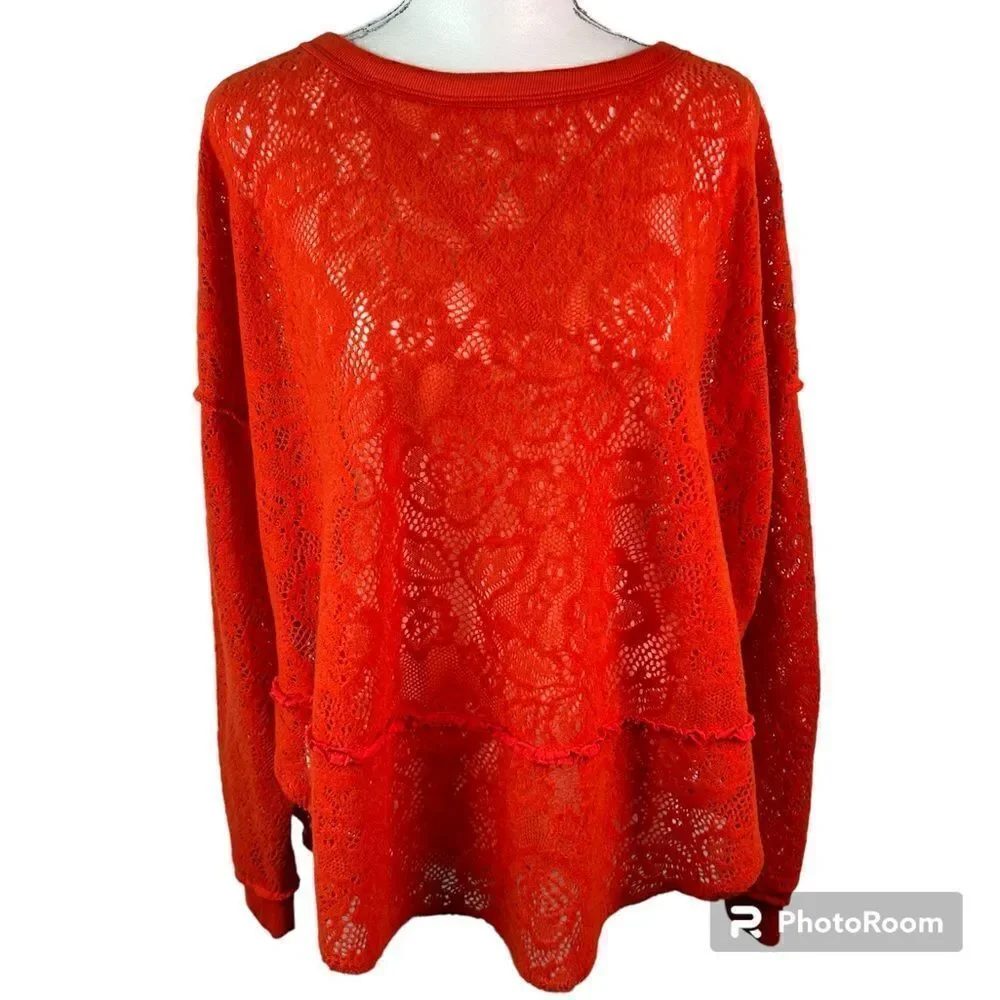 Free People Oversized Orange Long Sleeve Top Semi-Sheer Lacy Size XS Bohemian